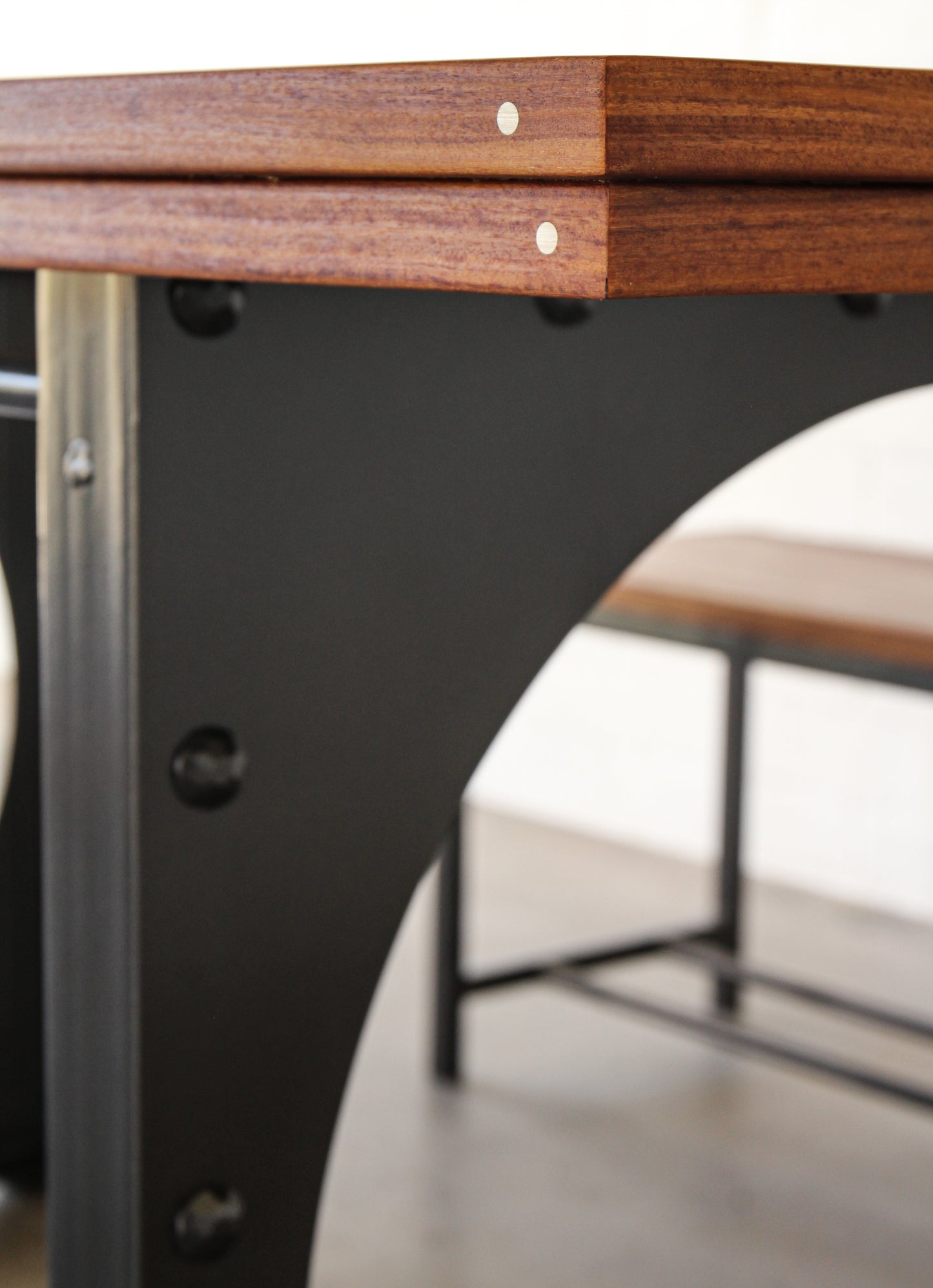 Outdoor dining table set-Table including two benches. Metal base, cumaru top, brass inlays.
