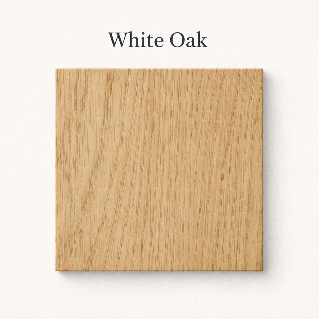 Square piece of white oak wood on a light gray background with 'White Oak' text above.