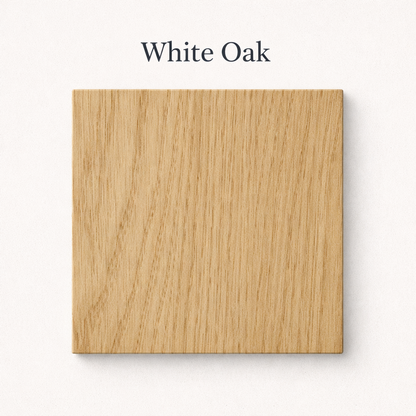 Square piece of white oak wood on a light gray background with 'White Oak' text above.