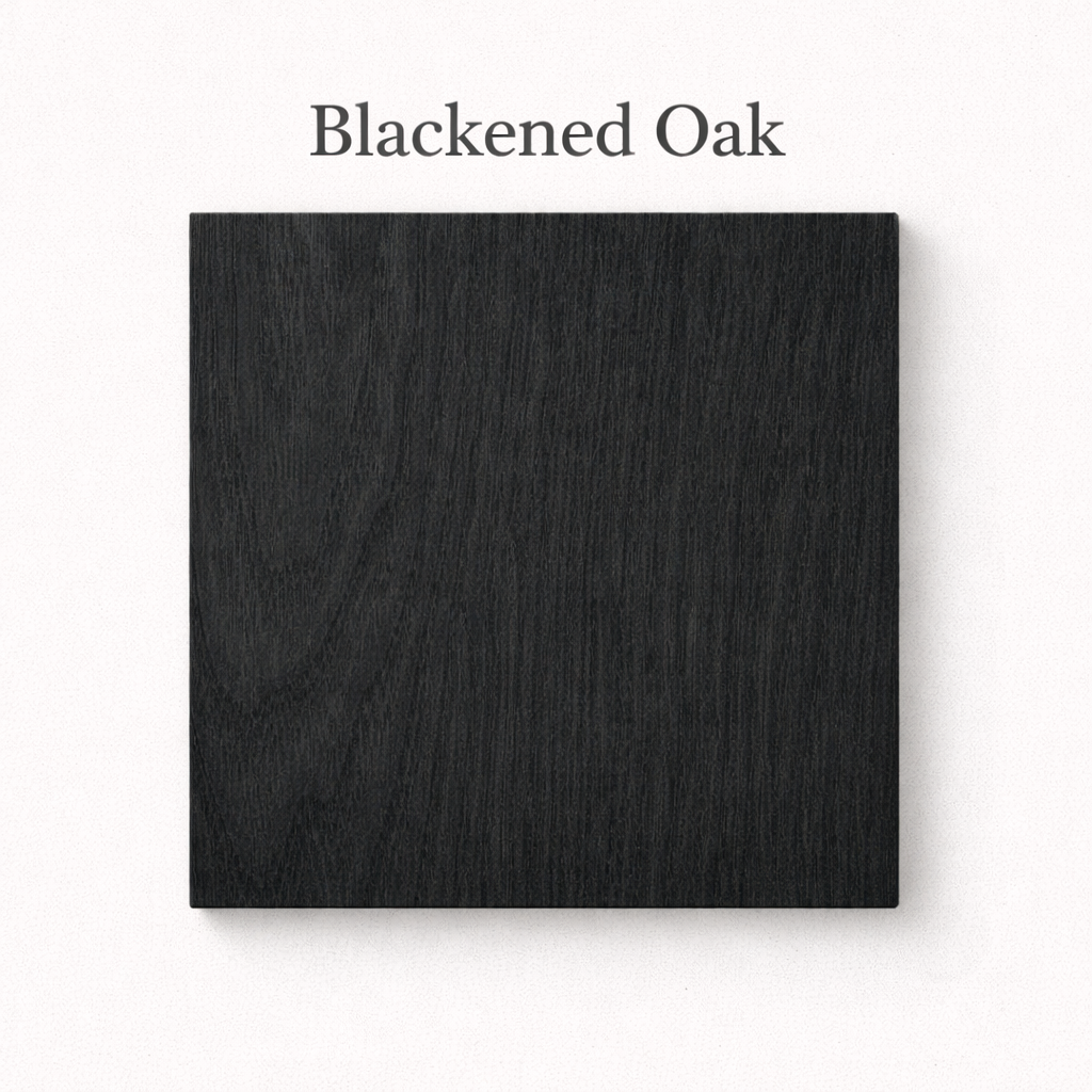 Square swatch of blackened oak wood on a white background with 'Blackened Oak' text.