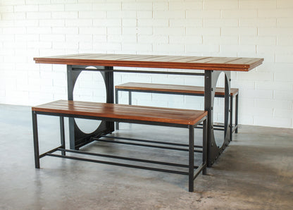 Outdoor dining table set-Table including two benches.  Metal base, cumaru top, brass inlays. 